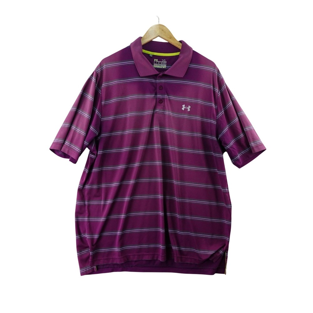 Under Armour XL Mens Purple Striped Loose HeatGear Catalyst Polo Shirt Golf‎